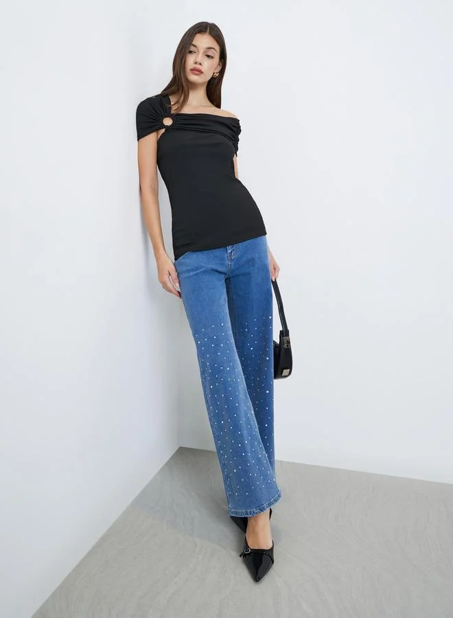 Styli Styli Black Off Shoulder Knit Top with Ring Detail