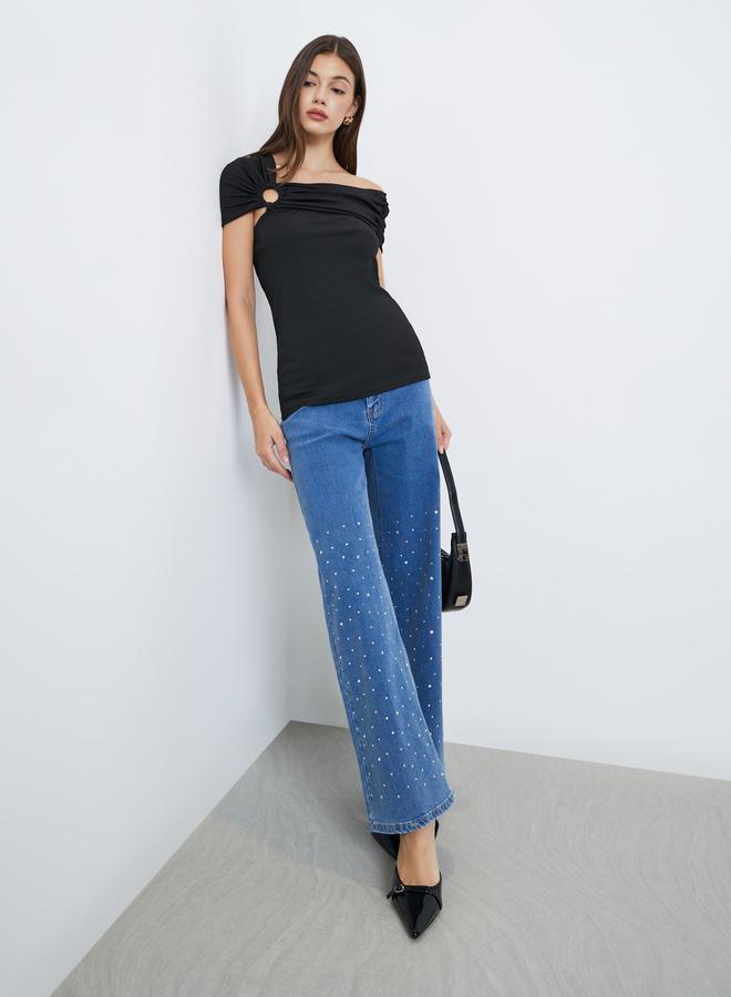 Styli Black Off Shoulder Knit Top with Ring Detail - Image 2