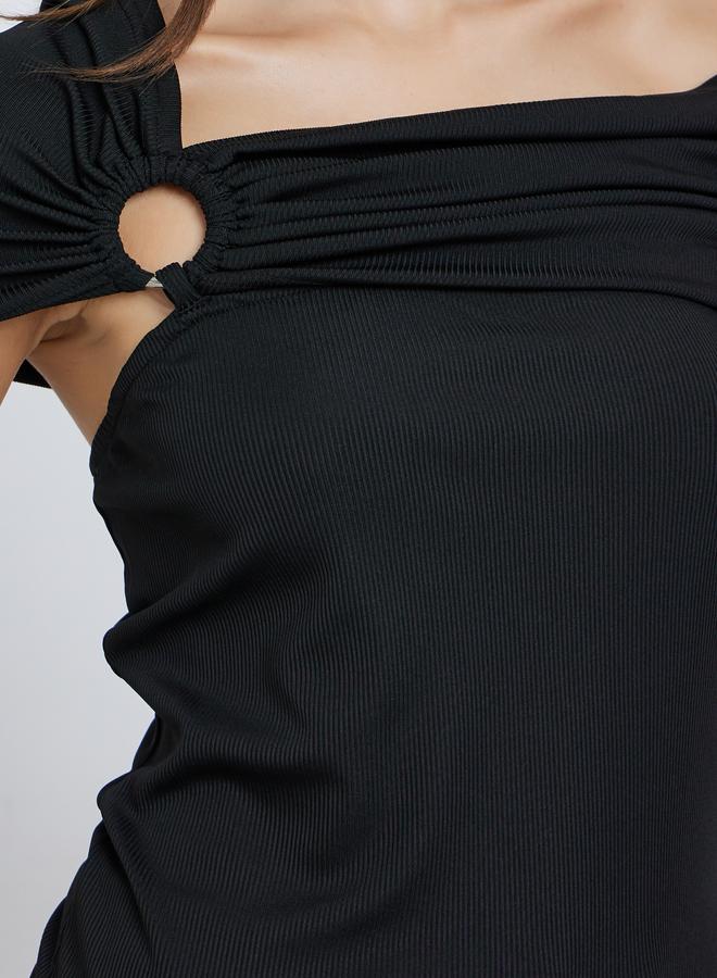 Styli Black Off Shoulder Knit Top with Ring Detail - Image 4