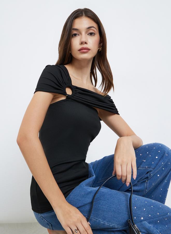 Styli Black Off Shoulder Knit Top with Ring Detail - Image 3