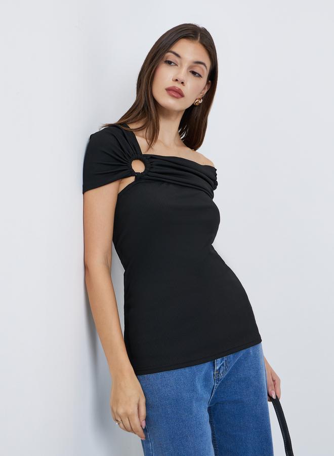 Styli Black Off Shoulder Knit Top with Ring Detail - Image 1