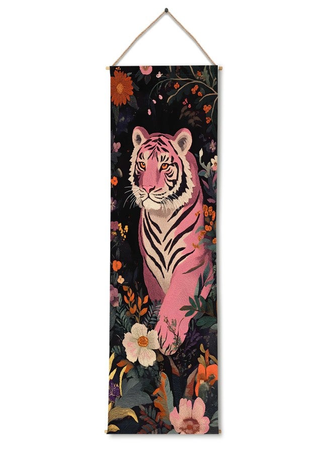 PAPER PLANE DESIGN Floral Pink Tiger Wall Hanging Tapestry - Large Wallpaper Style Wall Décor, Thick Fabric, Ready to Hang, Size 24 x 60 Inch DS961 - Image 1