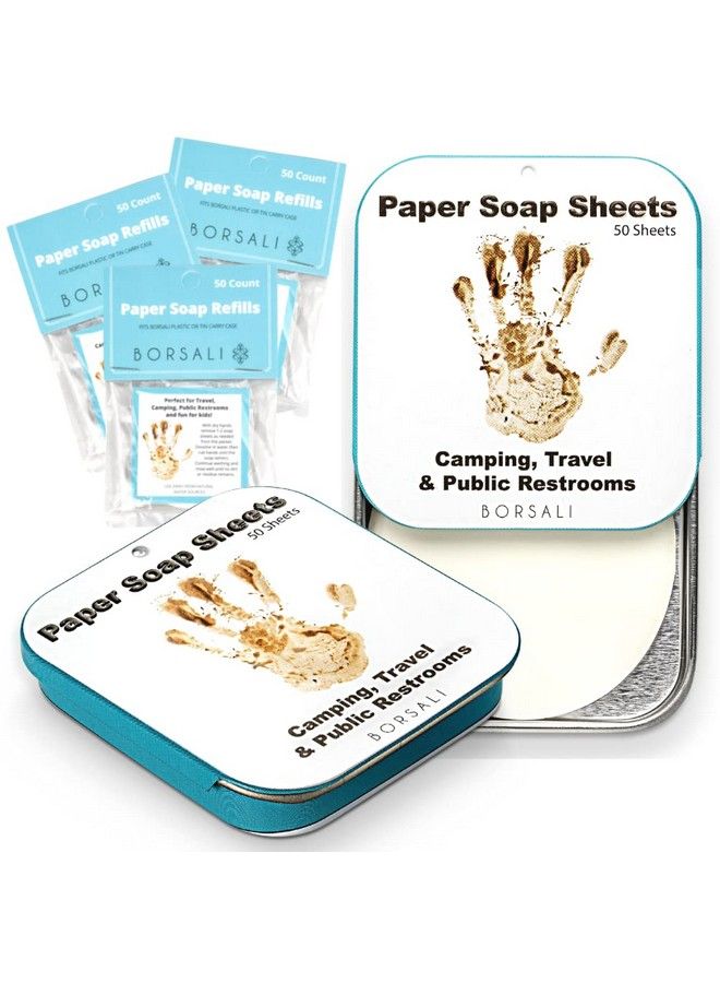 BORSALI Paper Soap Sheets For Travel Portable Dissolvable Dry Soap Sheets; For Camping Travel Public Restrooms; 2 Cases With 50 Sheets Each And 3 Refills To Go; - Image 1
