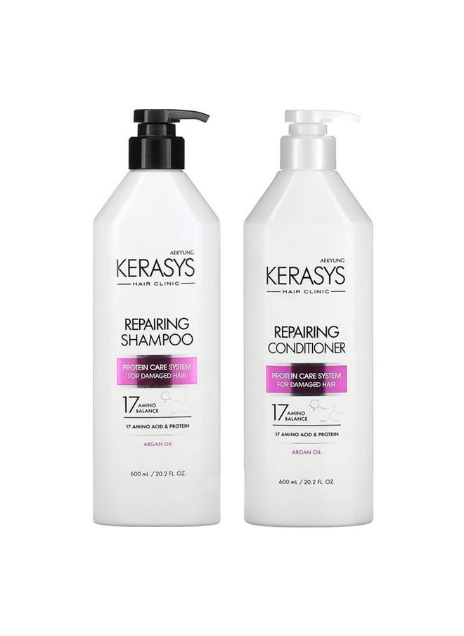 Kerasys - Hair Clinic Protein Care System For Damaged Hair Argan Oil Repairing 20.2 Fl Oz / 600 Ml (Shampoo + Conditioner Set) - Image 1