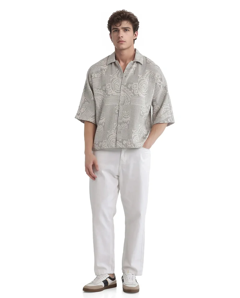 Rare Rabbit Rare Rabbit Men's Paisit Grey Cotton Fabric Short Sleeve Cuban Collared Button Closure Jacquard Shirt