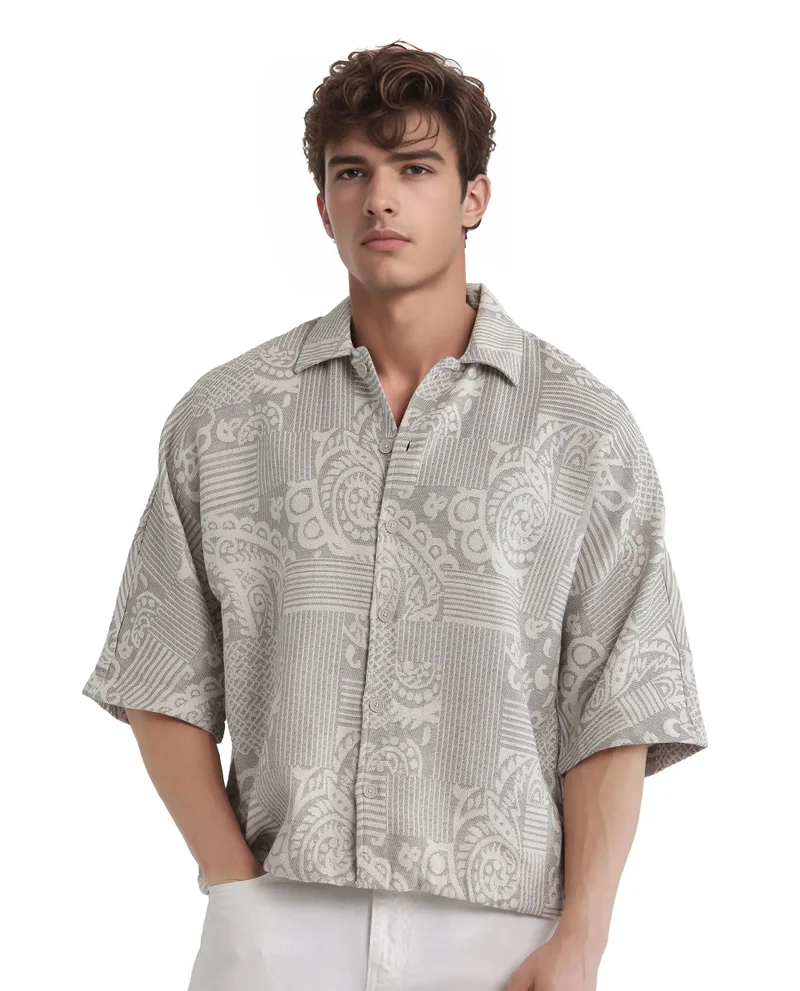 Rare Rabbit Rare Rabbit Men's Paisit Grey Cotton Fabric Short Sleeve Cuban Collared Button Closure Jacquard Shirt