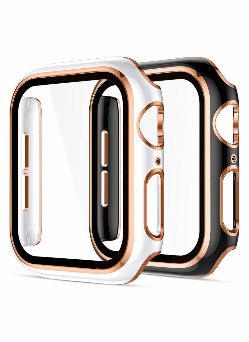 Y&D Cases Compatible with Apple Watch Series 7 41mm, 2Pcs Tempered Glass Screen Protector Electroplated Rose Gold Edge Slim Case Cover for Women Men(Black/White)  - Image 1
