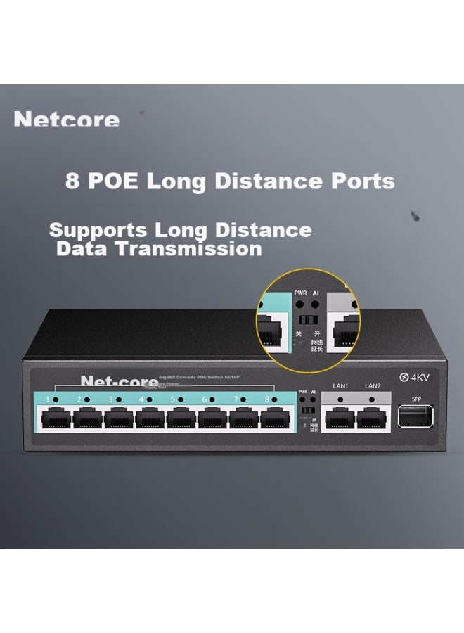 Netcore Sg10p Gigabit Cascading Poe Switch, 8-port 100mbps Poe + 2-port Gigabit + 1 Sfp Optical Port, Enterprise-grade Surveillance Camera Network Splitter, Power 120w - Image 2