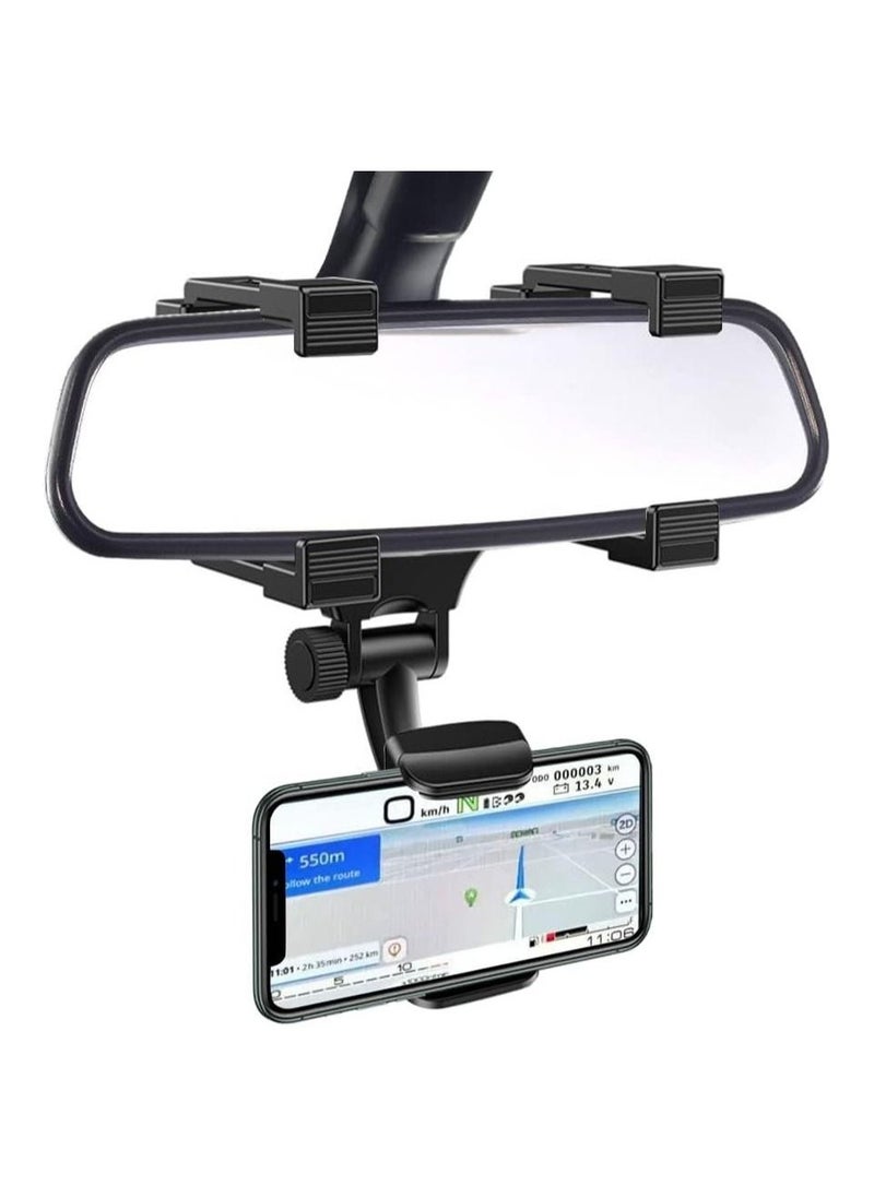 Rear View Mirror Car Mount Phone Holder Stand with 270° Swivel and Adjustable Clips (Black) - Image 1