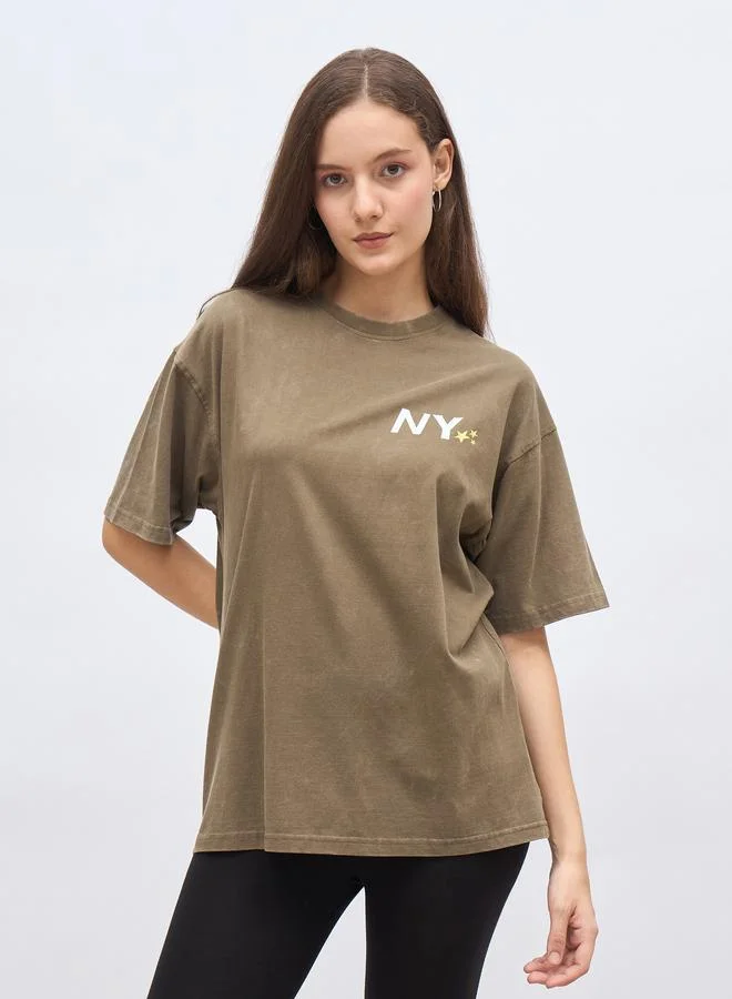 ستايلي Styli Slogan Print Acid Washed Oversized T-Shirt