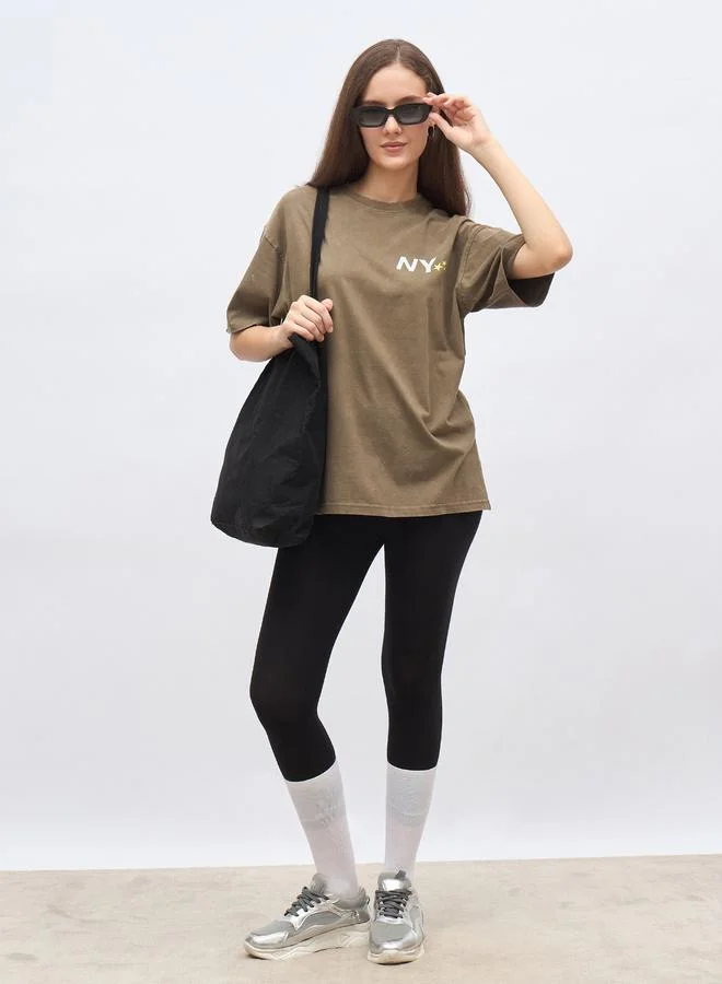 ستايلي Styli Slogan Print Acid Washed Oversized T-Shirt