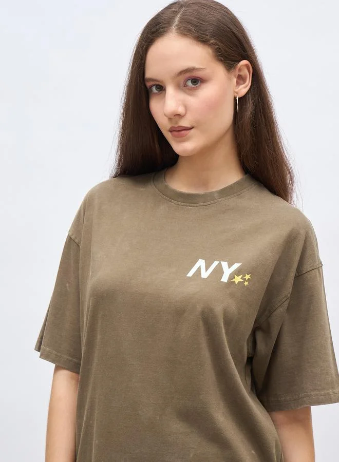 Styli Styli Slogan Print Acid Washed Oversized T-Shirt