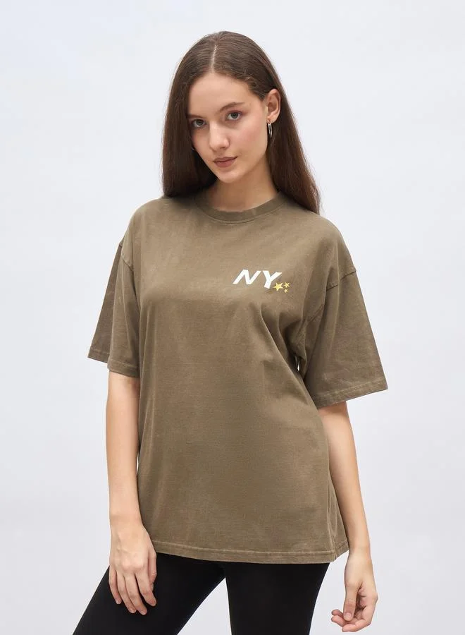 Styli Styli Slogan Print Acid Washed Oversized T-Shirt