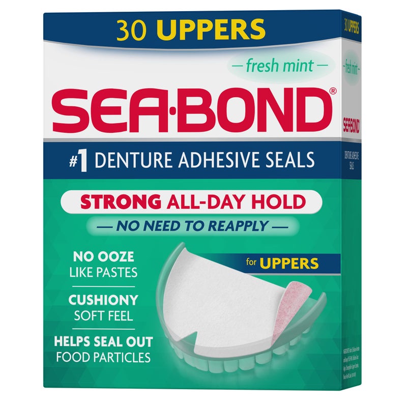 Sea-Bond Sea Bond Secure Denture Adhesive Seals, Fresh Mint Uppers, Zinc-Free, All-Day-Hold, Mess-Free, 30 Count (Pack of 1) 