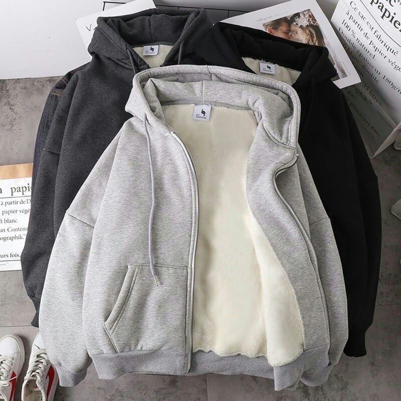 Same style fleece-lined [jacket zipper cardigan] same style spring and summer cardigan jacket sweater relaxed-fit new style Gray cardigan zipper sweatshirt (plus velvet) 