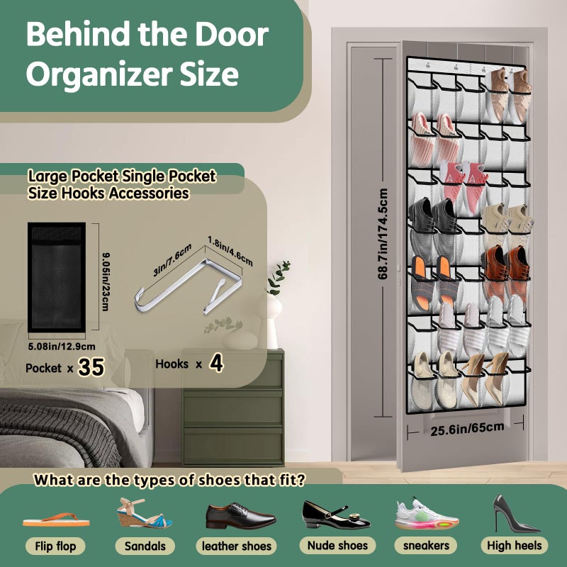 PAULONE 35 Pocket Over the Door Shoe Organizer,Reusable Breathable Large Mesh Bag Men's & Women's Sneaker Organizer,Shoe Organizer for Kids,Hanging Shoe Storage Hanging Bag (White, 35-Slot) - Image 2