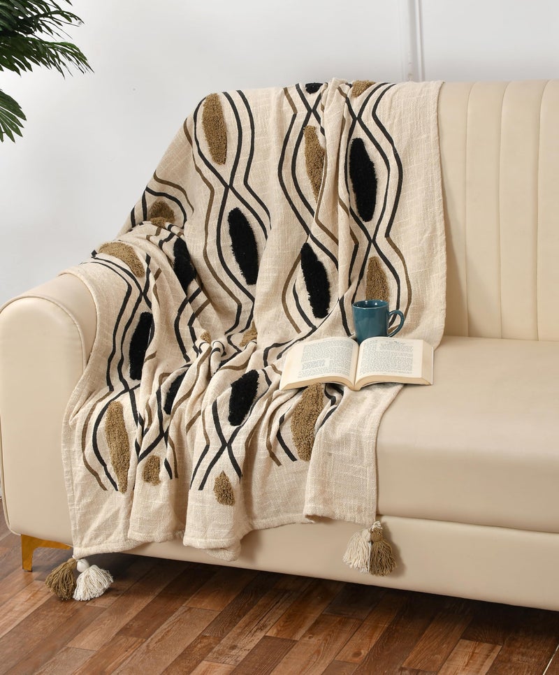 SASHAA WORLD Chic Beige Black Patterned Cotton Throw with Natural Woven Base| Versatile Elegance for Every Space | Ideal for Living Room, Sofa, Bed and Chair | 180X130 Cm - Image 3