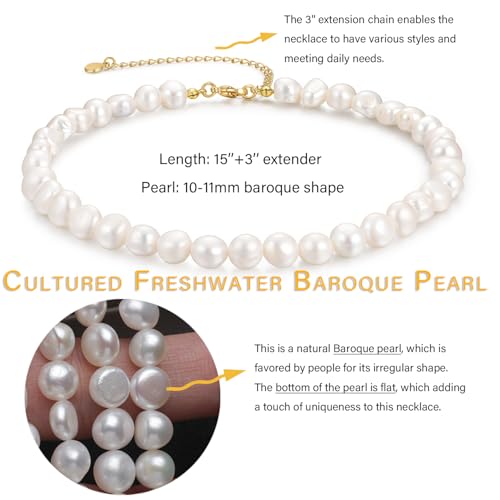 NUZON 10-11MM Baroque Pearl Necklace for Women Chunky Freshwater Pearl Choker Statement White Irregular Beaded Necklaces Birthday Party Jewelry 15''+3'' - Image 4
