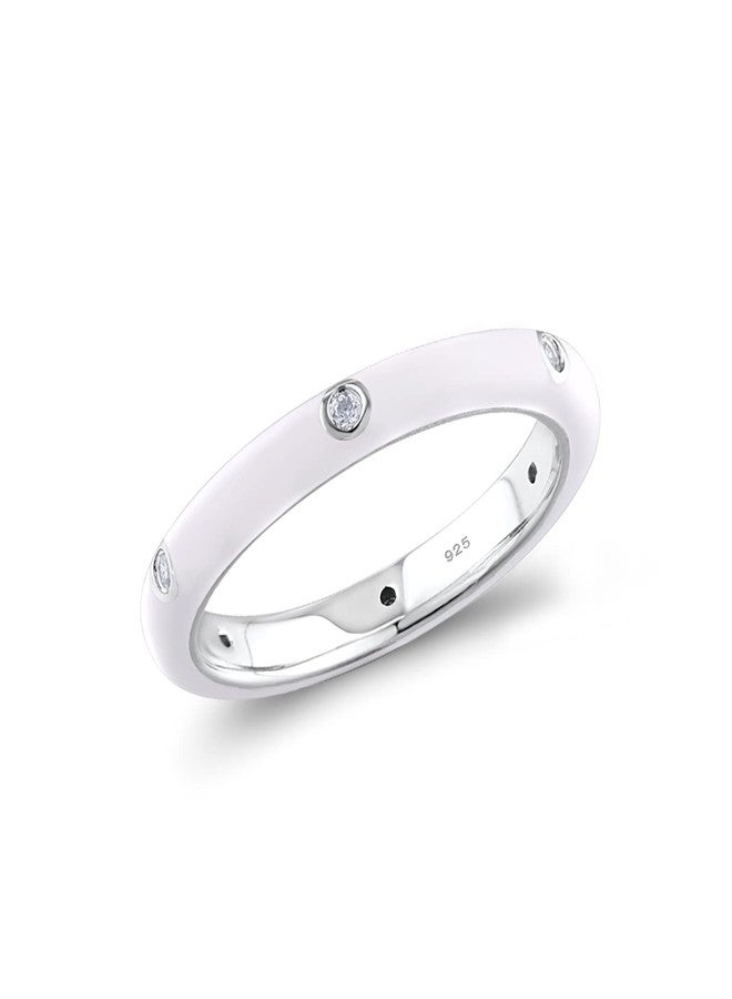 Santuzza Stackable Enamel Ring 925 Sterling Silver Stacking Cubic Zirconia Eternity Colorful Rainbow Band Rings (Small, White, 8) - Image 1
