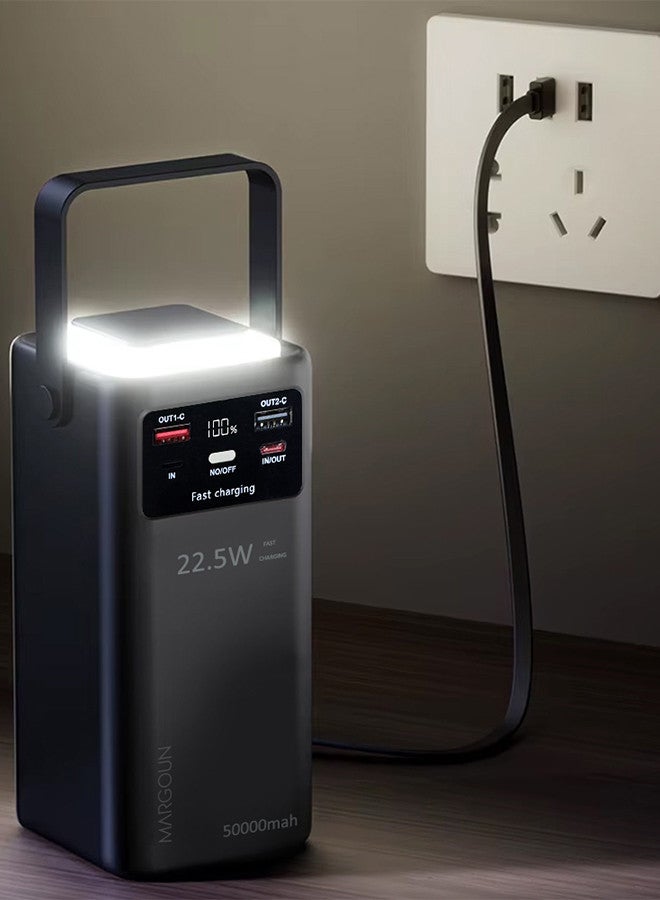 MARGOUN 50000 mAh PD Power Bank with LED Display and 22.5W Fast Charging with 4 Built-in Cables and Camping Lamp - Black - Image 3