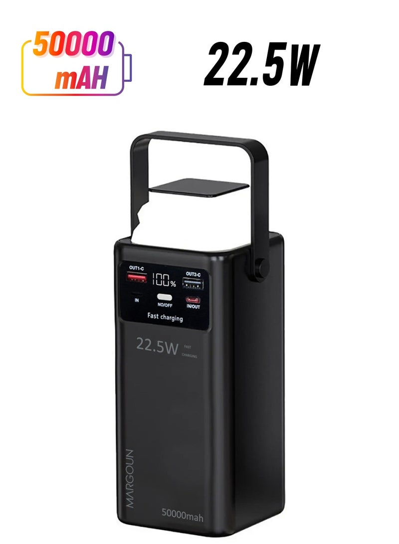 MARGOUN 50000 mAh PD Power Bank with LED Display and 22.5W Fast Charging with 4 Built-in Cables and Camping Lamp - Black - Image 1