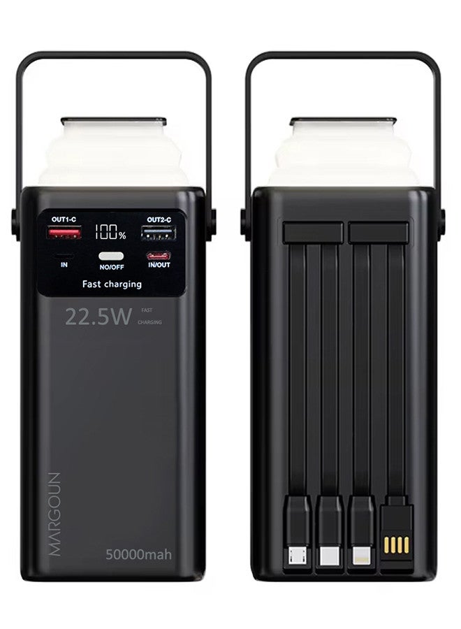 MARGOUN 50000 mAh PD Power Bank with LED Display and 22.5W Fast Charging with 4 Built-in Cables and Camping Lamp - Black - Image 5