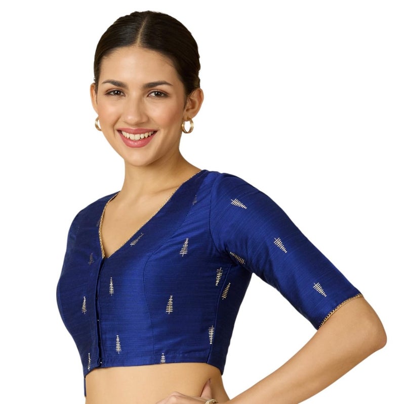 Studio Shringaar Women's Handloom Cotton Silk Readymade Saree Blouse (Royal Blue, 36) - Image 3