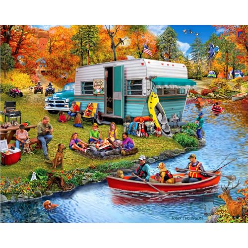 White Mountain 1000 Piece Jigsaw Puzzle Autumn and Fall Lake Puzzles with Large Pieces Gift for Adults and Family 24x30 Happy Camping Seek Find - Image 1