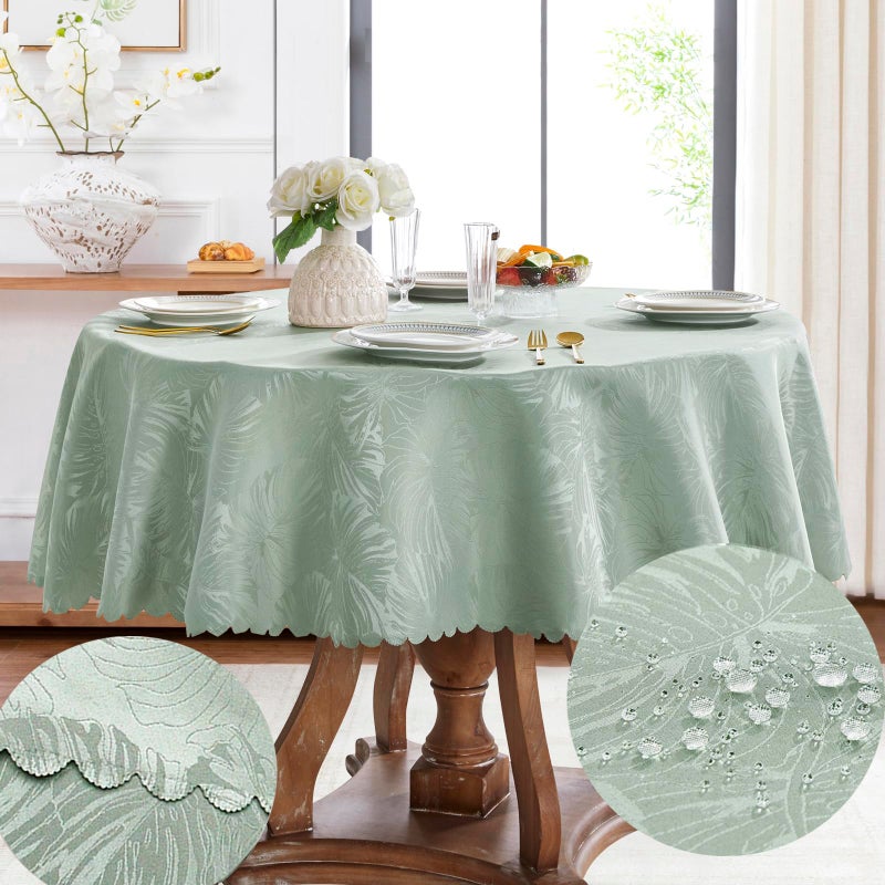EFFICINATURE Round Tablecloth Sage Green Table Cloth Leaves Pattern Scalloped Edge Silky Soft Waterproof Washable 50 Inch Elegent Fabric Cover Up to 36 Dinning Table Party Sping Outdoor Decoration