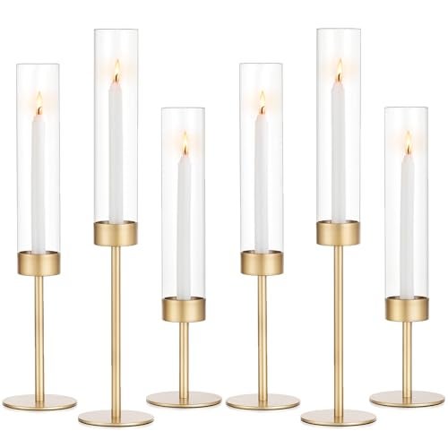 Romadedi Glass Hurricane Candlestick Holders Gold Romadedi Set of 6 Taper Candle Holder Bulk Tall Clear Glass Cylinder Table Centerpiece Wedding Decor Party Birthday Christmas Home Decorations - Image 1