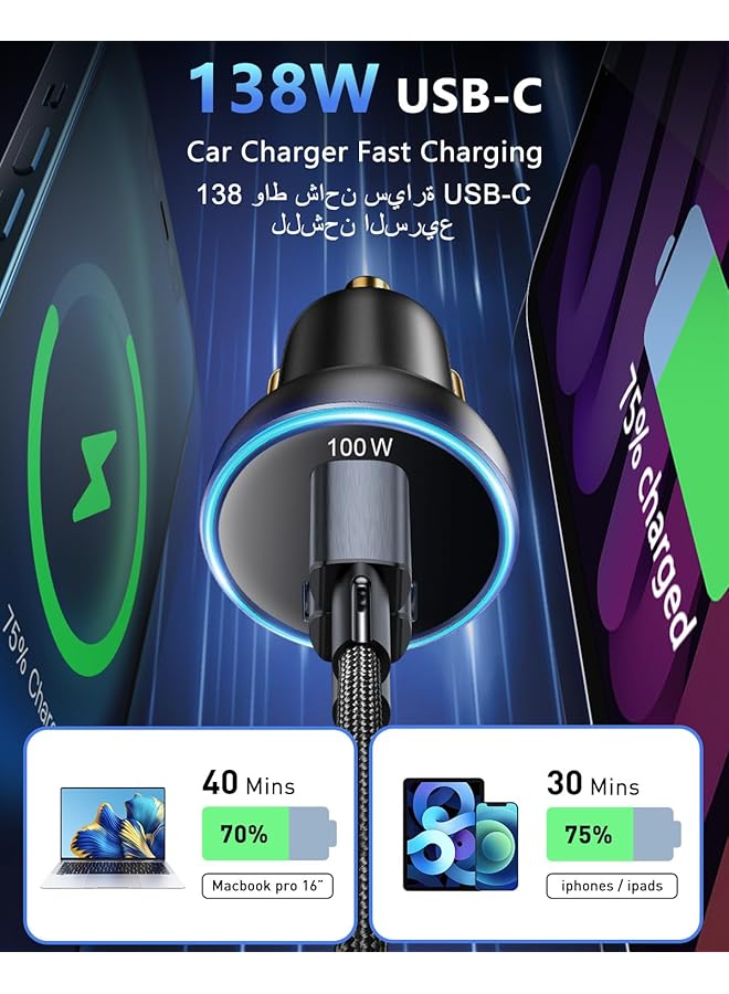 PINREK 138W Macbook Car Charger Fast Charging, 3-Port Usb Car Charger Type-C, Pd100W Super Fast Car Adapter, Compatible With Macbook Laptop, Galaxy S24/S23/S22 Series, Iphone 16/15 Series - Image 3