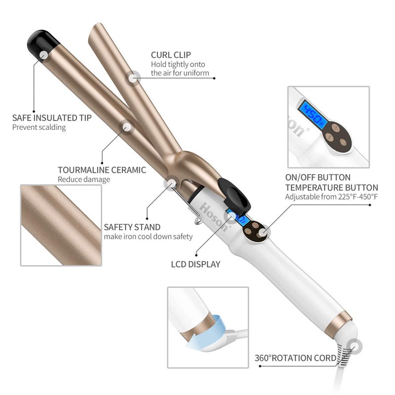 Hoson 1 Inch Curling Iron Professional Ceramic Tourmaline Coating Barrel Hair Curler, LCD Dispaly with 9 Heat Setting(225°F to 450°F for All Hair Types, Glove Include) - Image 5