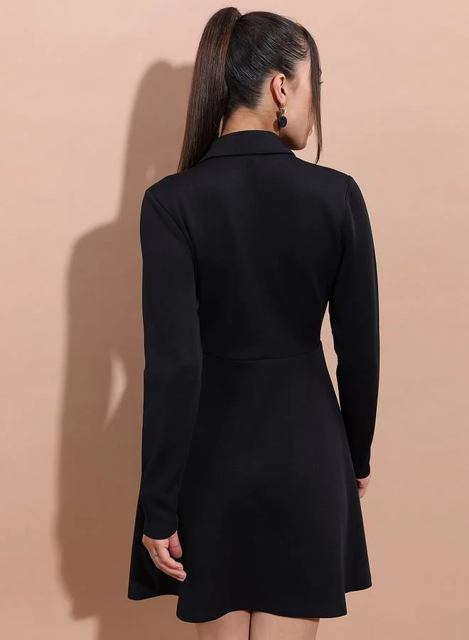 Ketch Solid Notch Lapel Flare Mini Dress by Styli