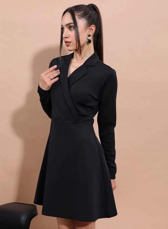 Ketch Solid Notch Lapel Flare Mini Dress by Styli