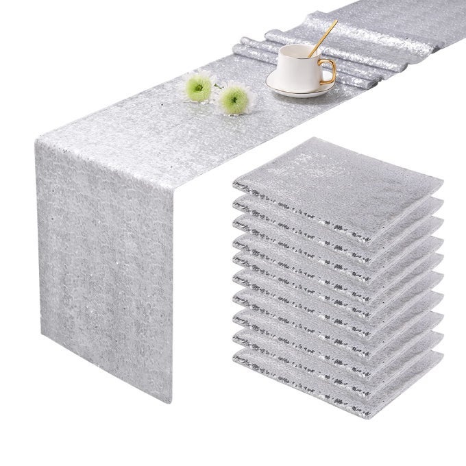 SEQUIN TABLE RUNNERS 72 INCHES LONG CHRISTMAS GLITTER RECTANGLE TABLE RUNNER FOR PARTY WEDDING BRIDAL 10 PCS SILVER