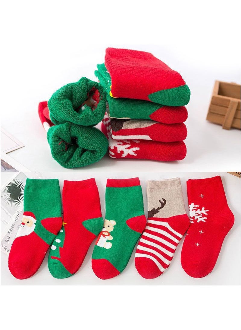 TAPIT 5 Pairs Kids Christmas Socks, Thick Terry Green Red Holiday Cartoon Warm Towel Socks, 3-12 Years Boys Girls Mid-calf Socks (S, 25-28 Shoe Size) - Image 1