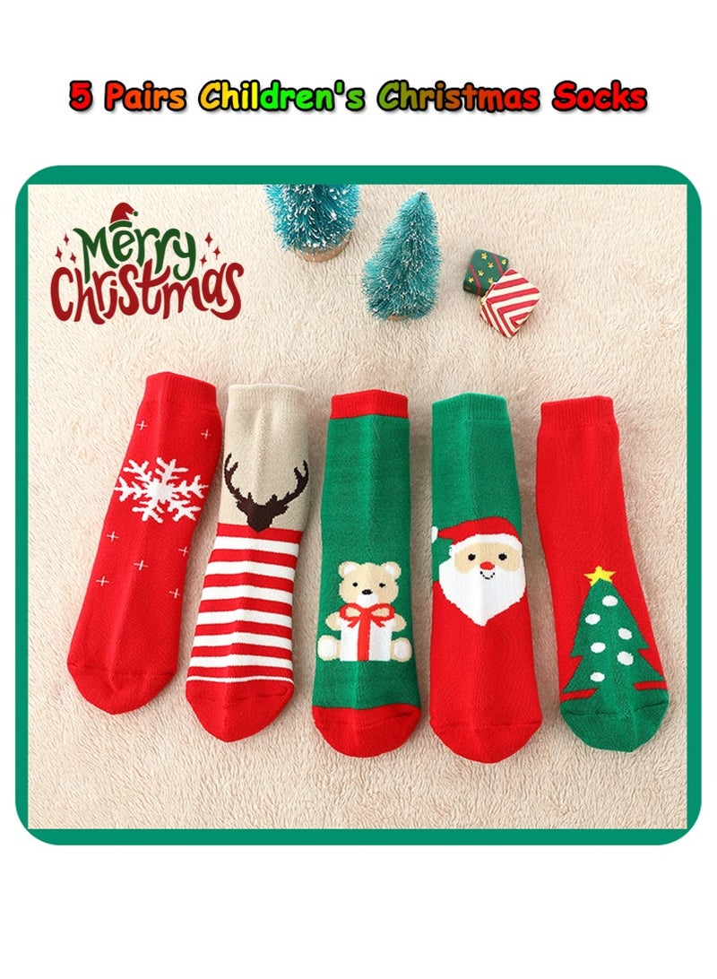 TAPIT 5 Pairs Kids Christmas Socks, Thick Terry Green Red Holiday Cartoon Warm Towel Socks, 3-12 Years Boys Girls Mid-calf Socks (S, 25-28 Shoe Size) - Image 2