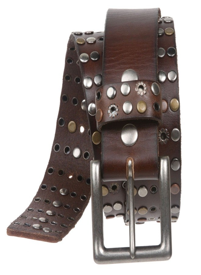 Beltiscool 1 1/2" Cowhide Multi Metal Circle Studded Vintage Oil Tanned Leather Belt, Brown | 42" - Image 2