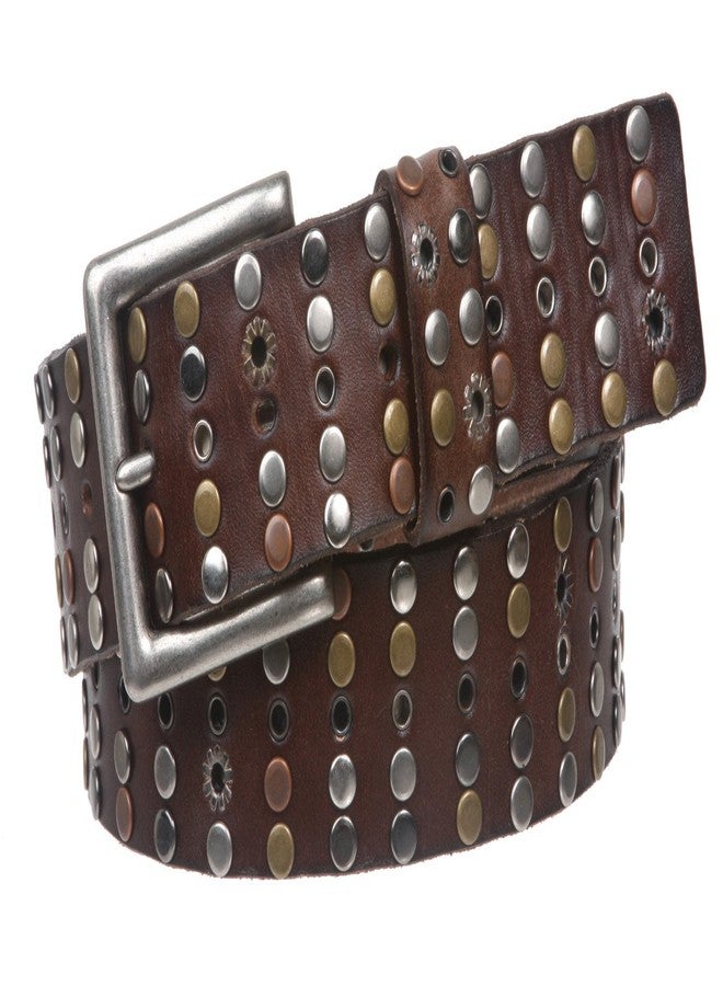 Beltiscool 1 1/2" Cowhide Multi Metal Circle Studded Vintage Oil Tanned Leather Belt, Brown | 42" - Image 1