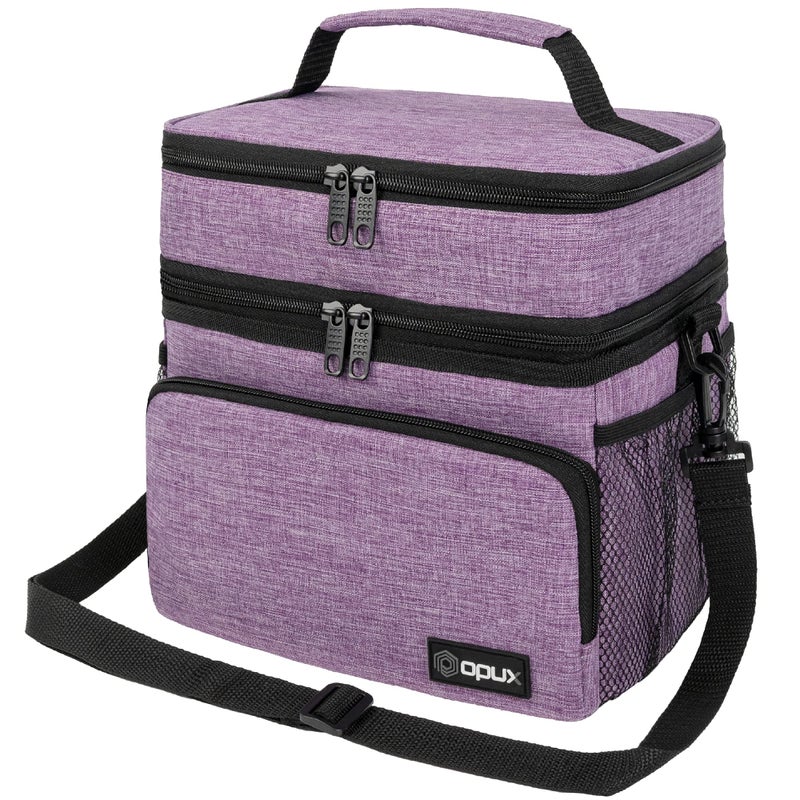 opux Insulated Lunch Bag for Men Women Large Dual Compartment Cooler Bag Soft Two Deck Lunch Box for Work School Picnic Leakproof Lunch Tote with Shoulder Strap for Kid Adult Purple Double Deck - Image 2
