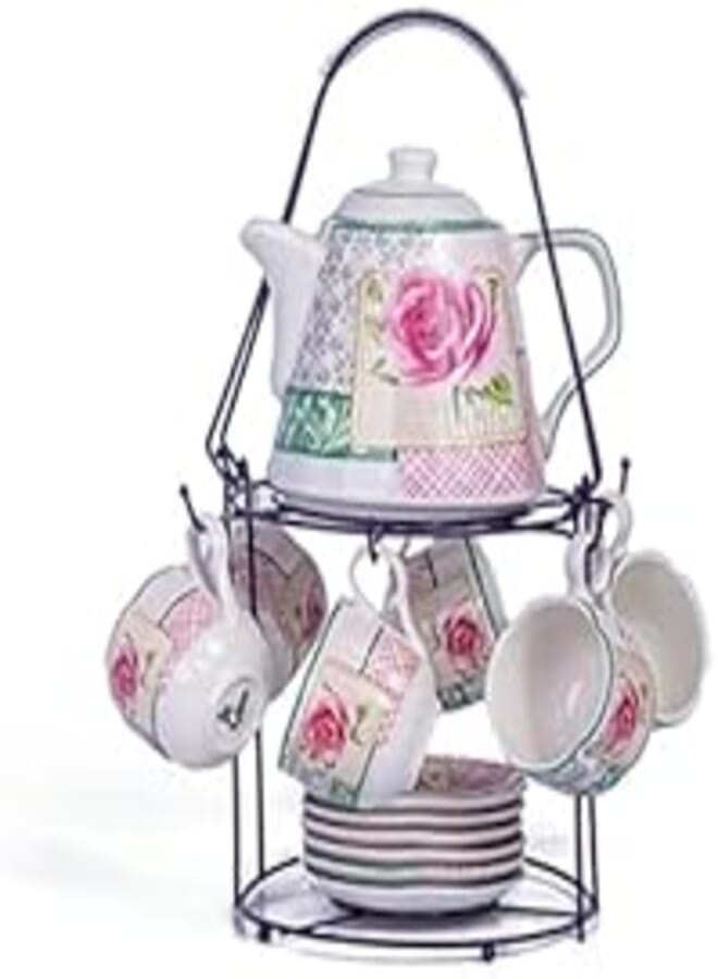 Lotus Lotus Porcelain Round Cocoa 14-Piece Set, Multicolor 4 (1 large plate + 1 medium plate + 1 small plate + stainless steel cage holder) 