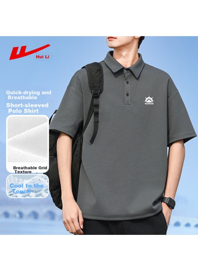 Pull Back Warrior Short Sleeve Men's Summer Breathable T-shirt Men's Polo Shirt Ice Silk Casual All-match Micro Drop-shoulder Undershirt Men's Dark Grey 2XL - Image 1