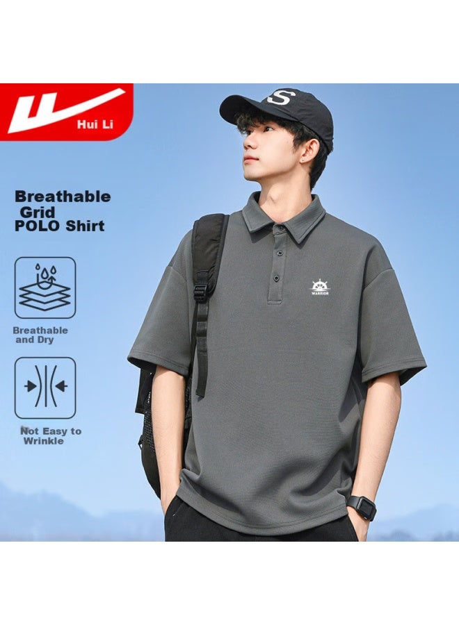 Pull Back Warrior Short Sleeve Men's Summer Breathable T-shirt Men's Polo Shirt Ice Silk Casual All-match Micro Drop-shoulder Undershirt Men's Dark Grey 2XL - Image 2