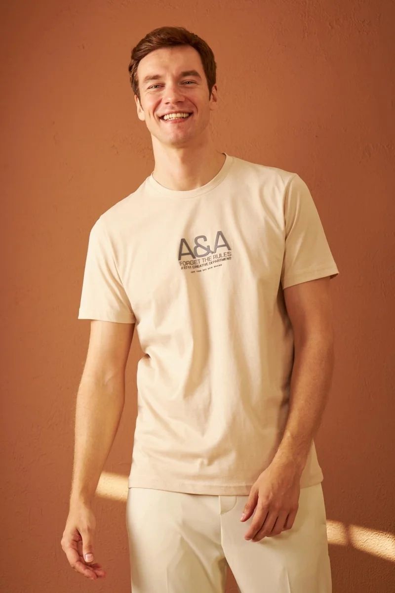 Odelon Men's Comfort Fit Printed Cotton T-Shirt Beige MARS14