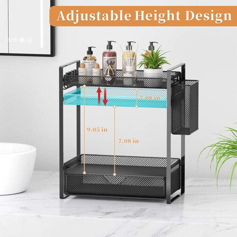 VITVITI 2 Tier Bathroom Organizer Countertop with Drawer, Metal Mesh Bathroom Counter Vanity Organizer Storage, Bath Room Sink Kitchen Spice Rack with Basket Hooks, Black - Image 2