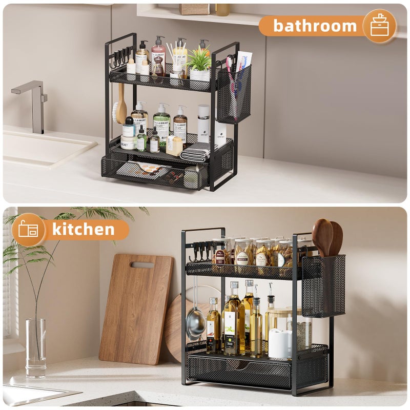 VITVITI 2 Tier Bathroom Organizer Countertop with Drawer, Metal Mesh Bathroom Counter Vanity Organizer Storage, Bath Room Sink Kitchen Spice Rack with Basket Hooks, Black - Image 4