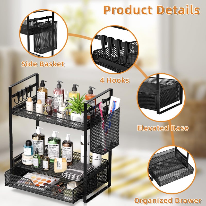 VITVITI 2 Tier Bathroom Organizer Countertop with Drawer, Metal Mesh Bathroom Counter Vanity Organizer Storage, Bath Room Sink Kitchen Spice Rack with Basket Hooks, Black - Image 5