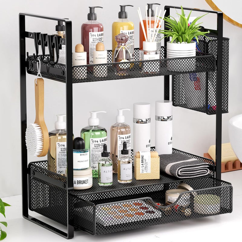 VITVITI 2 Tier Bathroom Organizer Countertop with Drawer, Metal Mesh Bathroom Counter Vanity Organizer Storage, Bath Room Sink Kitchen Spice Rack with Basket Hooks, Black - Image 1
