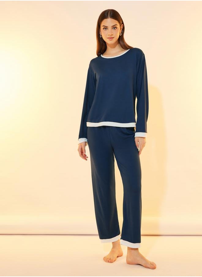 Take Two Solid Long Sleeve Knitted T-Shirt & Pyjama Set  - Image 1
