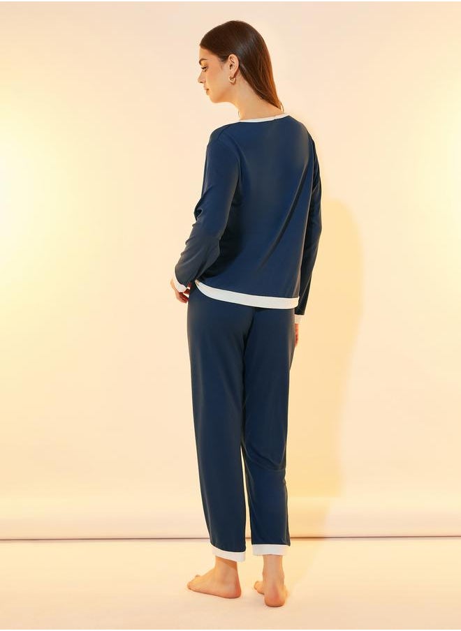 Take Two Solid Long Sleeve Knitted T-Shirt & Pyjama Set  - Image 5